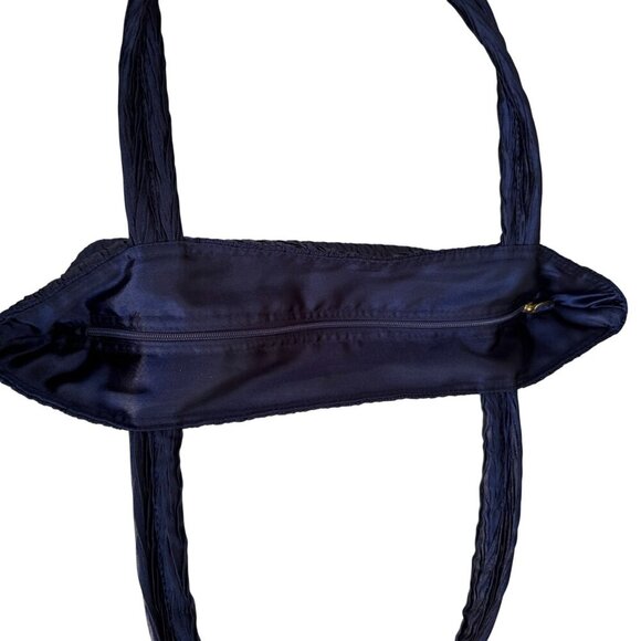 NaRaYa Navy Crinkle Textured Dual Handles & Zipper Closure Handbag Totebag - Picture 7 of 8